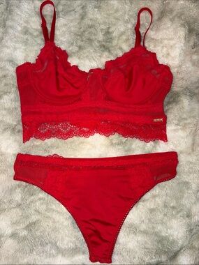RACHEL Rachel Roy 34B/SM Red Lace Bralette Mesh sexy lingerie sets/thong 2 piece